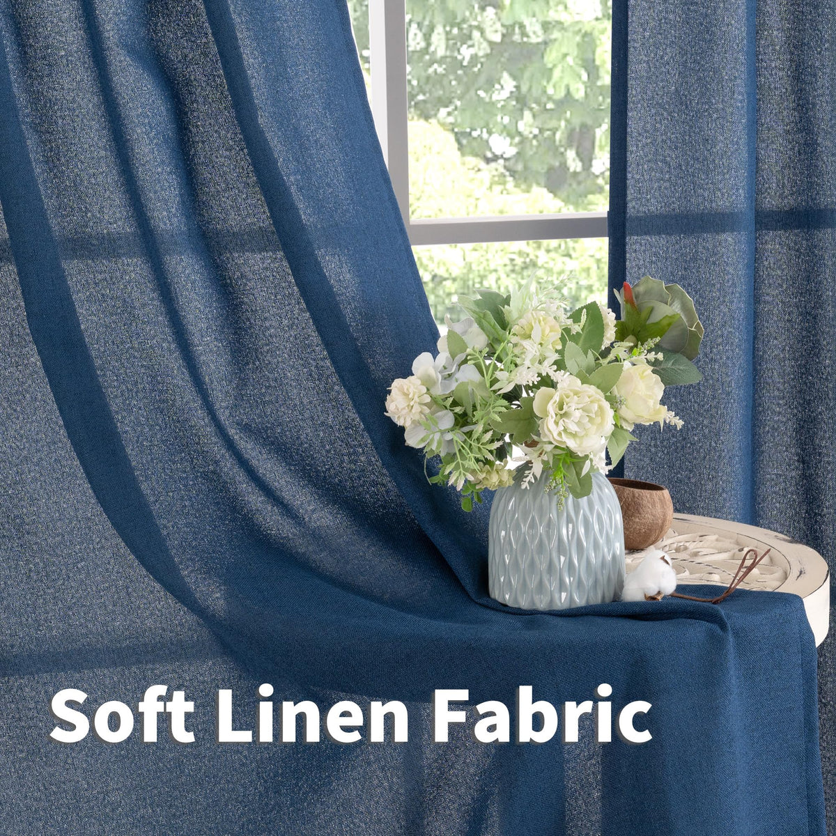 Navy Blue Linen Curtains Light Filtering (2 Count)