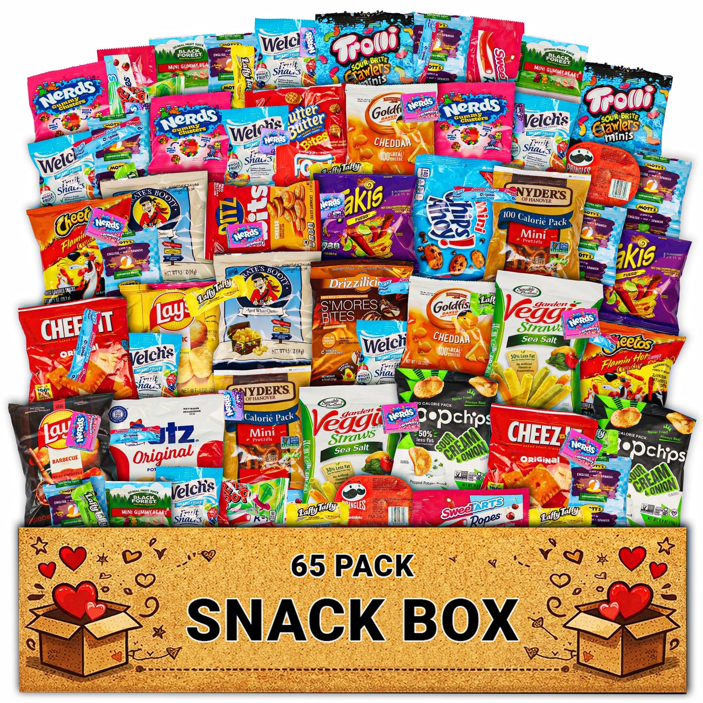 Snack Variety Care Package Gift Box, 65 Count Ready To Gift Assorted Snacks With Cookies Chips Bars Popcorn Crackers For Adults Kids Office Break Rooms School Snacks Camp Snack Gift Birthdays Welcome Gifts Get Well Soon Box