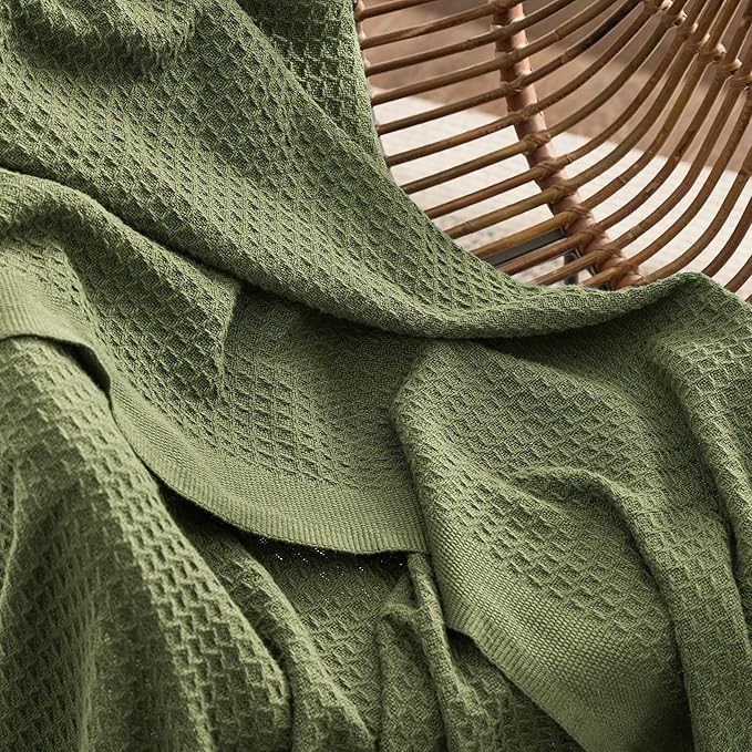 Bedsure 100% Cotton Blanket King Size for Bed - Breathable and Soft, Waffle Weave Blanket for Summer Spring, Olive Green, 104x90 inches