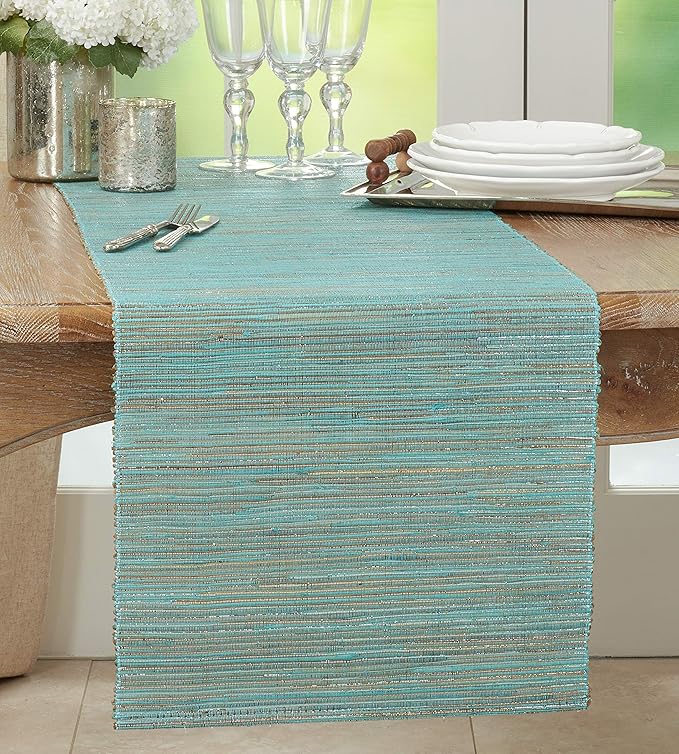 Saro Lifestyle Melaya Collection Shimmering Woven Nubby Table Runner, 16"x72", Turquoise