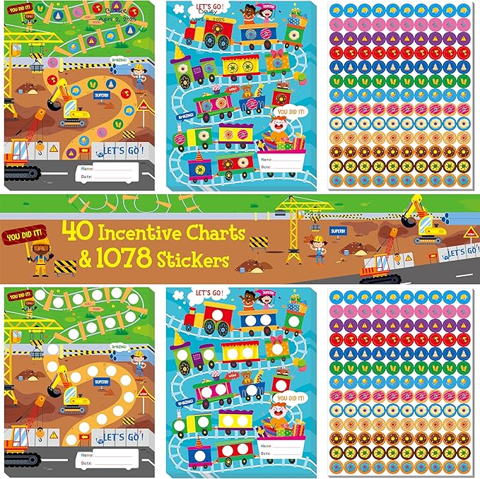 40 Pack Incentive Chart, 2 Adorable Designs with 1078 Stickers, Classroom Family Reward Chart System for Kids Homework Assignments, Attendance, Good Behavior, Chores, Potty Training Progress