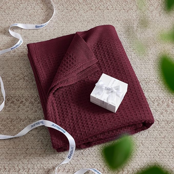 Bedsure 100% Cotton Blanket Twin XL Size for Bed - Breathable and Soft, Waffle Weave Blanket for Summer Spring, Burgundy Red, 66x90 inches