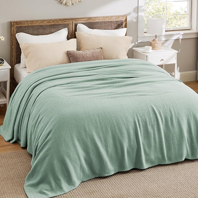 Bedsure 100% Cotton Blanket Queen Size for Bed - Breathable and Lightweight, Soft Cozy Textured Herringbone Woven Blanket for Summer Spring, Sage Green, 90x90 inches