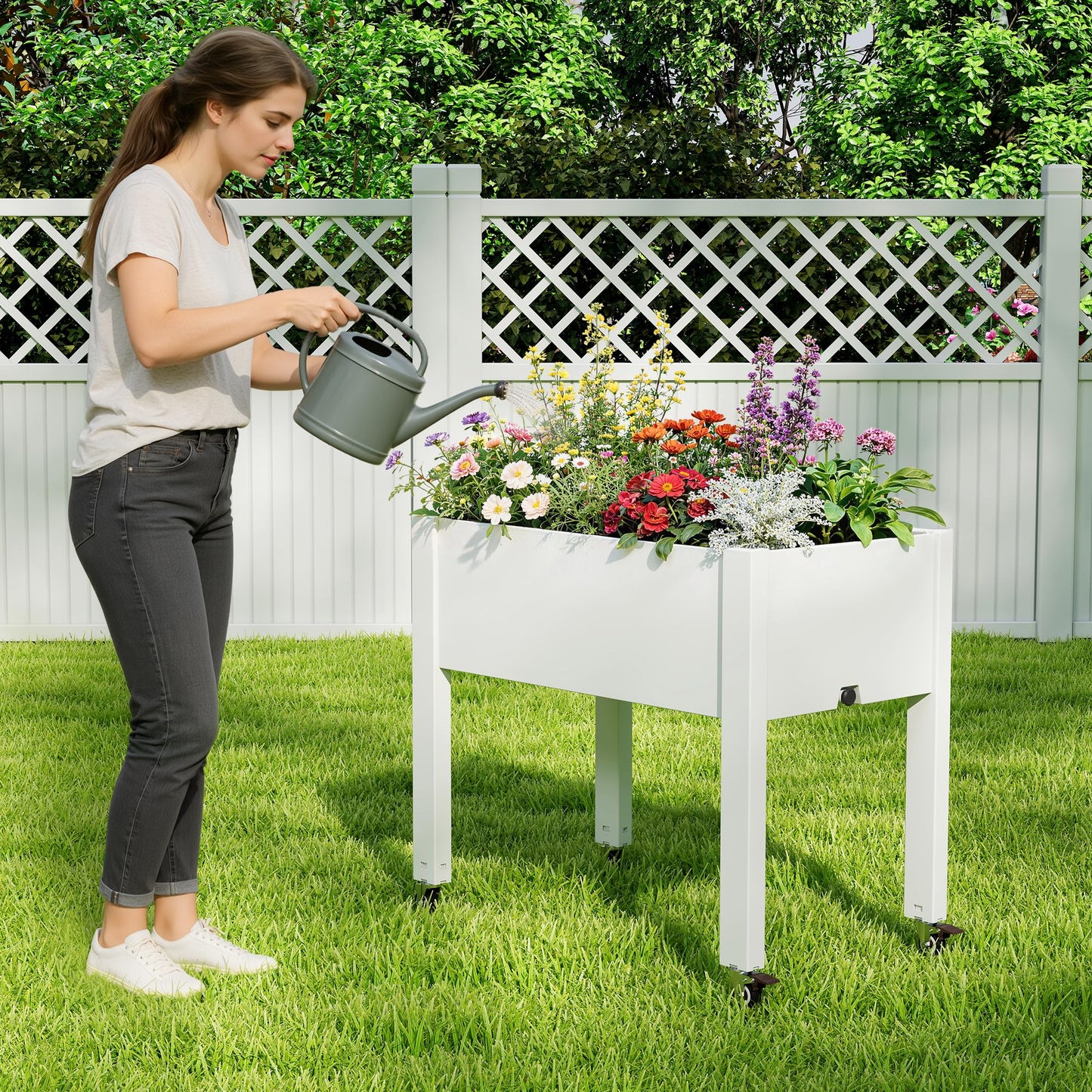 WTFGO Elevated Raised Garden Bed with Wheels - Outdoor Mobile Resin Planter Box with Drainage Holes for Vegetables Flower Herbs, Weather Resistant, Ashen (26.3" h)