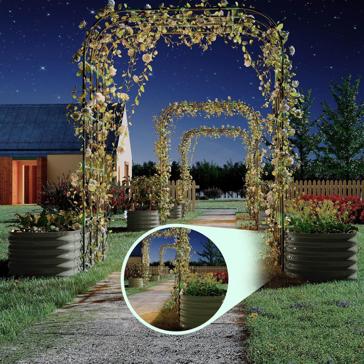 GarveeHome Expandable Arch Trellis Raised Bed Kit – 95” Metal Garden System with Vertical Netting, Plant Ties, and Drainage Design for Vegetables, Flowers, and Vines (Rust-Proof Beige)