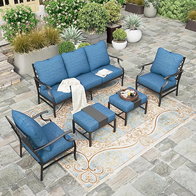 HERA'S HOUSE 5 Piece Patio Furniture Set, 2 x Leg Chair, 2 x Ottoman, 1 x 3-Seat Sofa, All Cushioned 7 Seats Metal Outdoor Conversation Set for Lawn Garden Backyard