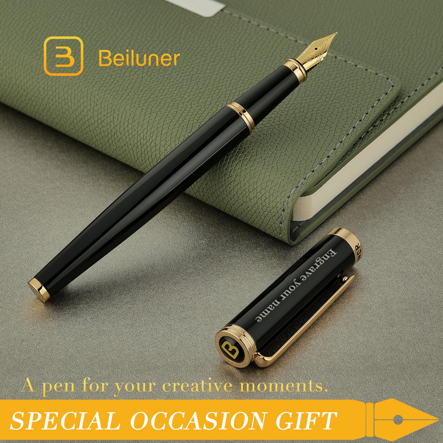 BEILUNER Black Personalized Fountain Pen,Stunning Luxury Lacquer,24K Gilded Nib(Fine),Gorgeous 24K Gold Finish, Ink Converter,Fancy Office Gift for Men&Women-Elegant, Graduation,Nice Pens for Writing