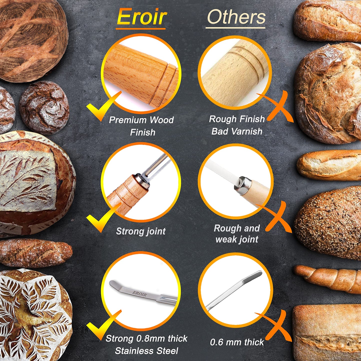 EROIR 13" Danish Dough Whisk Bread Lame Bowl Scraper Set - Dutch Sourdough Whisk Double Eye, Dough Scraper, Bread Scorer with 10 Blades and Leather Cover