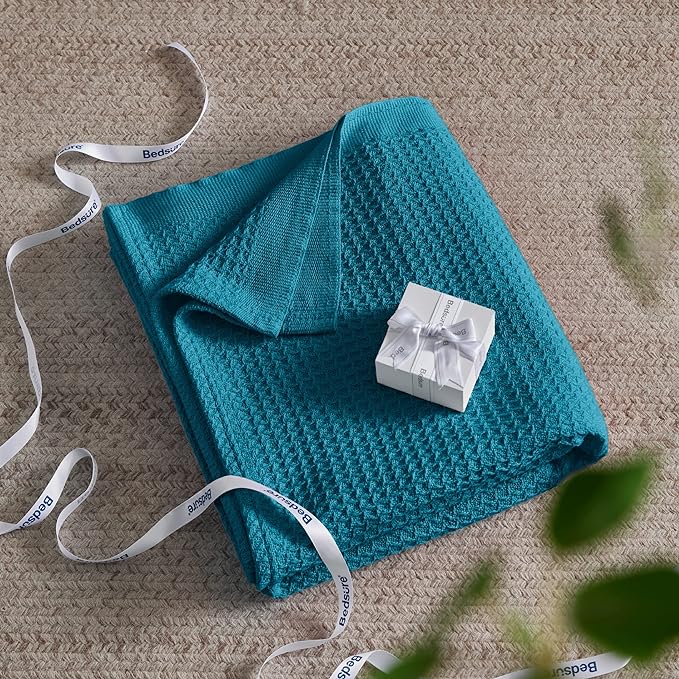 Bedsure 100% Cotton Blanket Twin XL Size for Bed - Breathable and Soft, Waffle Weave Blanket for Summer Spring, Teal, 66x90 inches