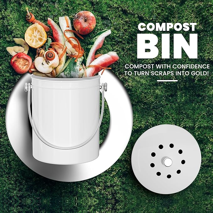 Utopia Kitchen Compost Bin for Kitchen Countertop, 1.3 Gallon Compost Bucket for Kitchen with Lid, Includes 1 Spare Charcoal Filter (White)