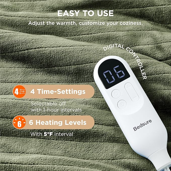 Bedsure Heated Blanket Electric Throw - Soft Flannel Electric Blanket, Heated Throw with 4 Time Settings & 6 Heat Settings, Warm Gift for Grandma (50x60 inches, Olive Green)
