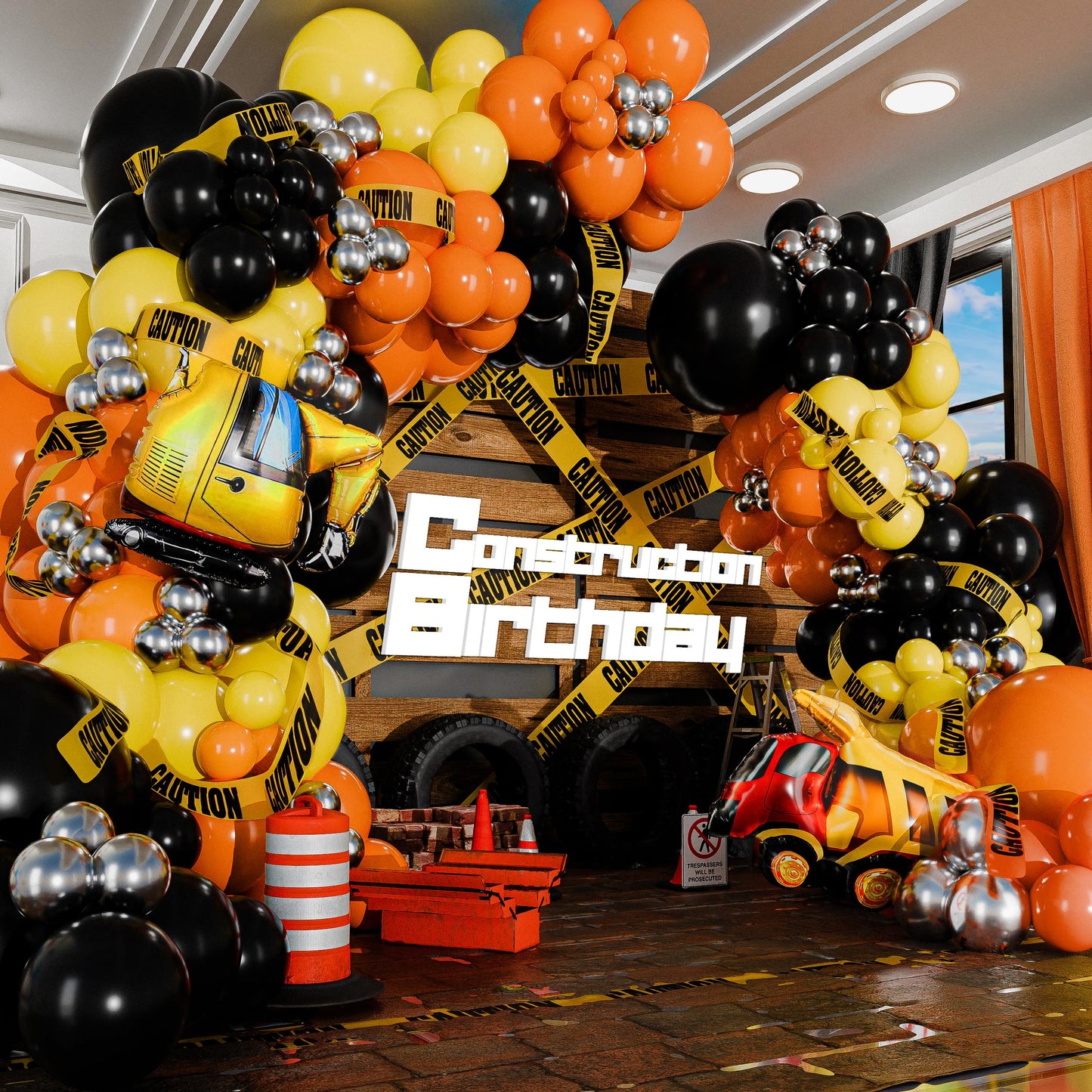 ALL-IN-1 Construction Balloon Arch Kit with BONUS Caution Tape & Truck Balloons - Construction Balloons for Excavator Birthday Decorations - Construction Birthday Party Supplies & Decorations