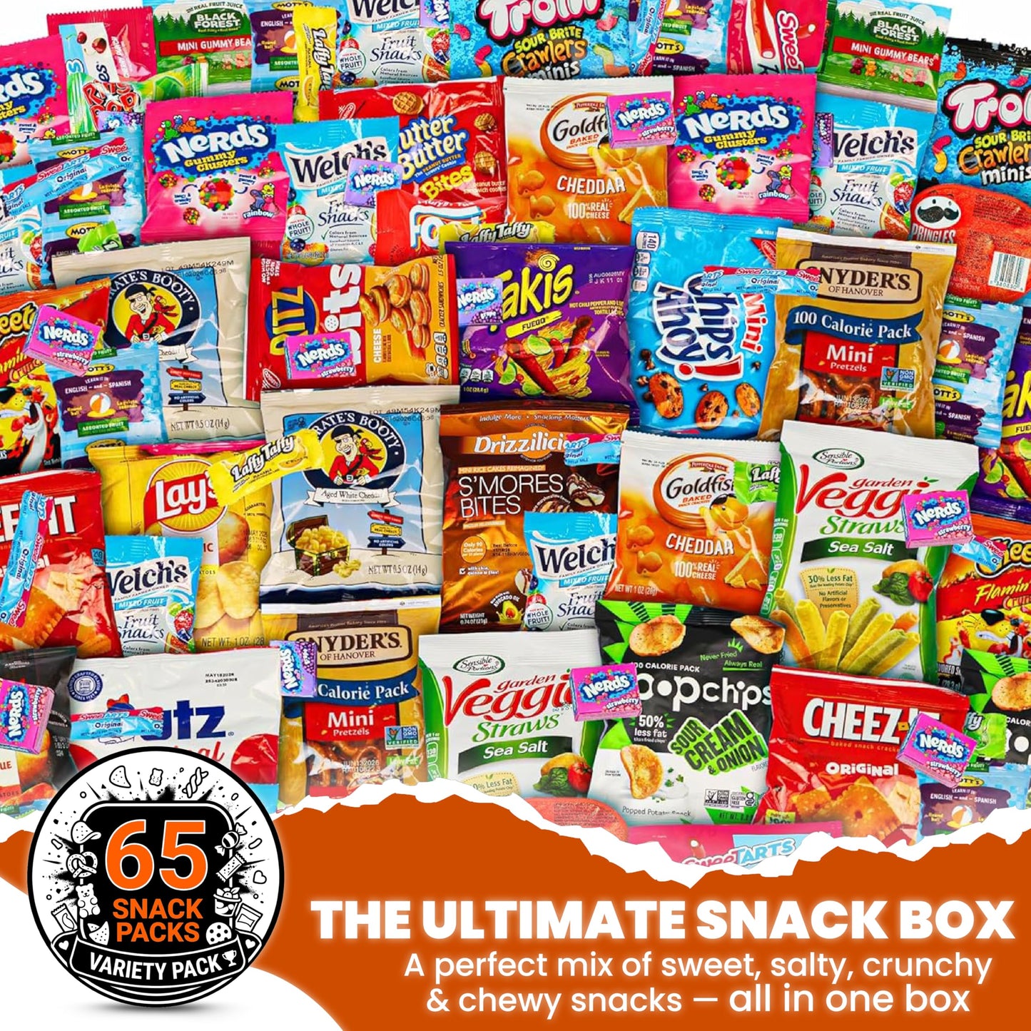 Snack Variety Care Package Gift Box, 65 Count Ready To Gift Assorted Snacks With Cookies Chips Bars Popcorn Crackers For Adults Kids Office Break Rooms School Snacks Camp Snack Gift Birthdays Welcome Gifts Get Well Soon Box