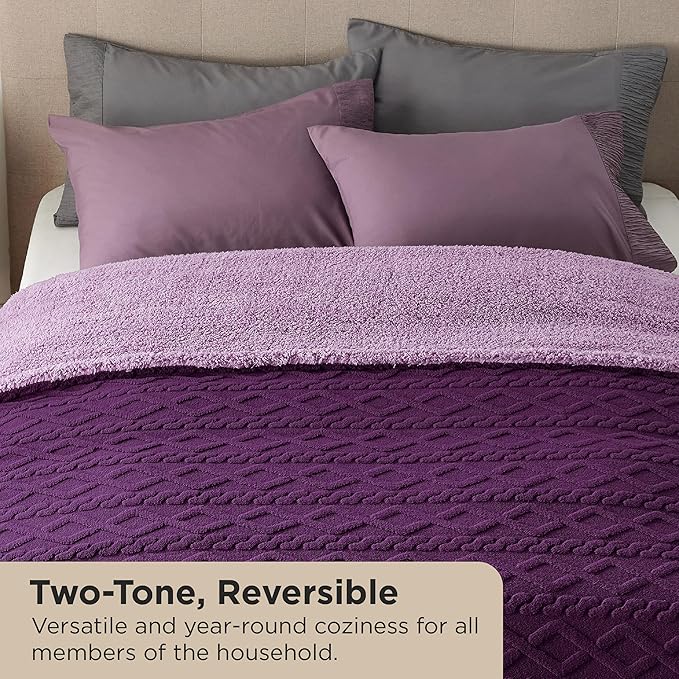 Bedsure Sherpa Queen Size Blanket for Bed - GentleSoft Fleece Fluffy & Cozy Cable Jacquard Tufted for Women Gift, Thick and Warm Blankets for Winter, Purple, 90x90 Inches