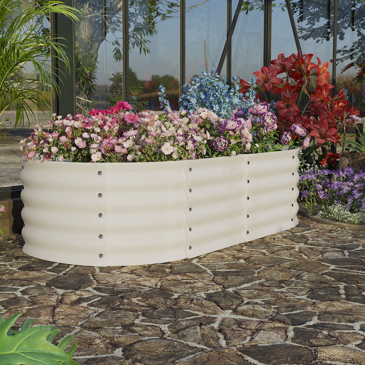 Sundale Outdoor 2 Pack Galvanized Raised Garden Bed Kit, 4x2x1ft Planter Raised Garden Boxes Outdoor with Anti-Rust Paint，Oval Metal Planter Box for Vegetables Flower（Beige）