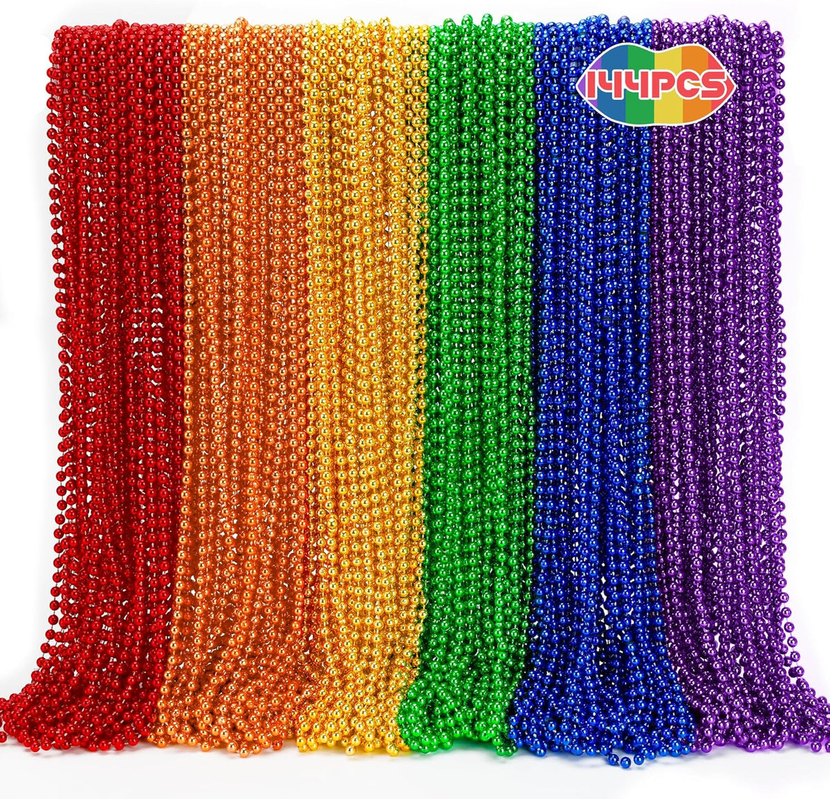 144PCS Pride Accessories, Metallic LGBTQ Beads Necklace Bulk, 6 Kinds of Rainbow Beads Necklaces Stuff, Gay Lesbian Pride Necklace for Costumes Decorations Parade Throws Party Favors