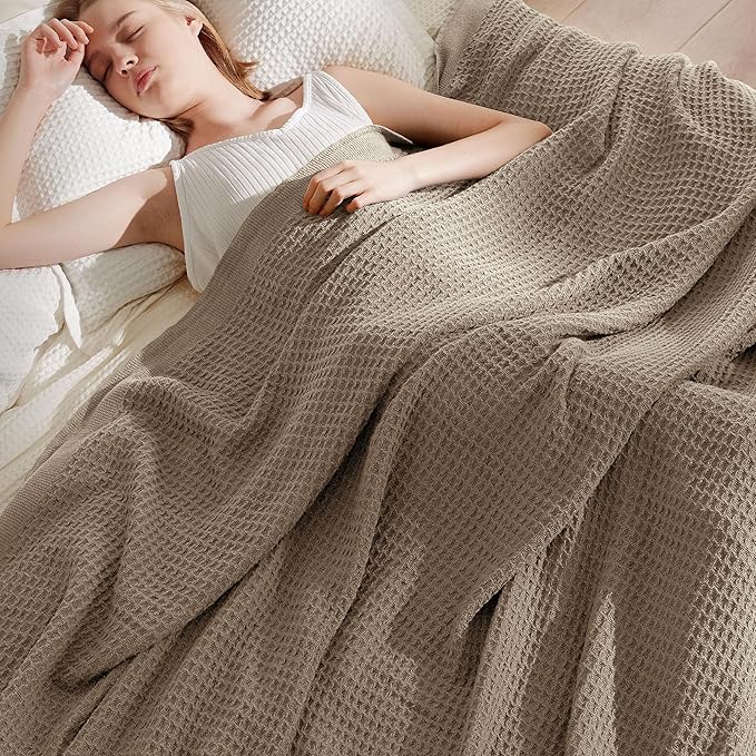 Bedsure 100% Cotton Large Blanket Oversized King for Bed - Breathable Waffle Weave Blanket for Summer Spring, Couch Cover, Tan, 120x94 inches