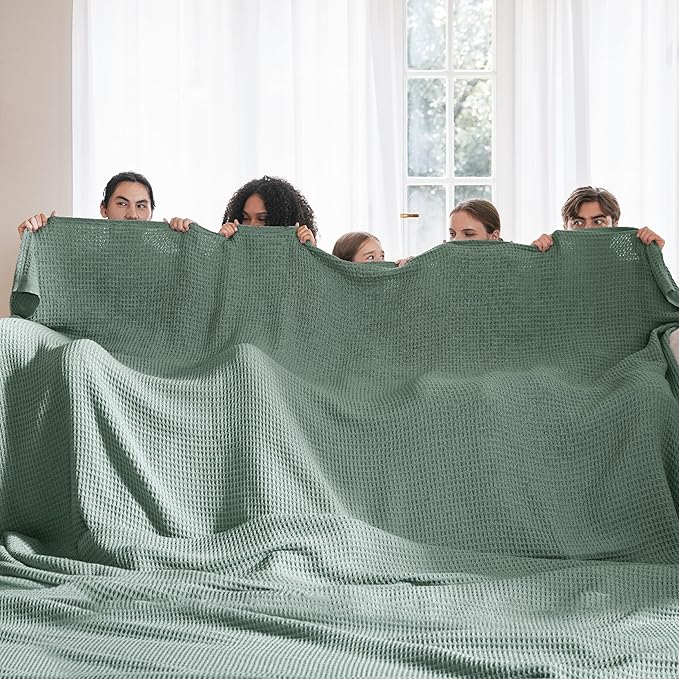 Bedsure 100% Cotton Large Blanket Oversized King for Bed - Breathable Waffle Weave Blanket for Summer Spring, Couch Cover, Sage Green, 120x94 inches
