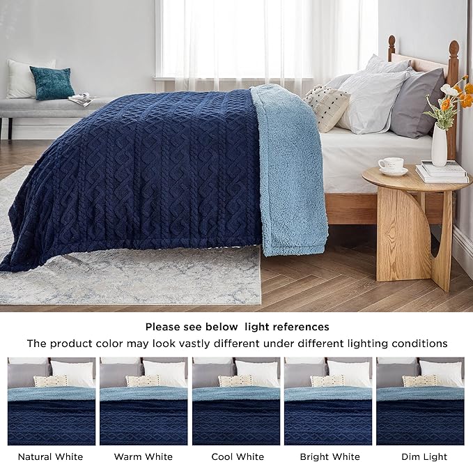 Bedsure Sherpa Fleece Throw Blanket for Couch - GentleSoft Fluffy & Cozy Cable Jacquard Tufted Throw for Women Gift, Thick and Warm Blankets for Winter, Navy, 50x60 Inches