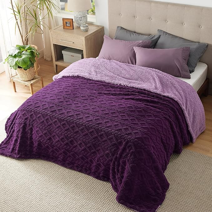 Bedsure Sherpa Queen Size Blanket for Bed - GentleSoft Fleece Fluffy & Cozy Cable Jacquard Tufted for Women Gift, Thick and Warm Blankets for Winter, Purple, 90x90 Inches