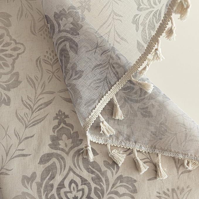 Khaki Geometric Sheer Curtains 96 inch Long, Fringed Edges and Textured Semi Sheer Curtains Large Window Treatments for Living Room/Bedroom, 2 Panels