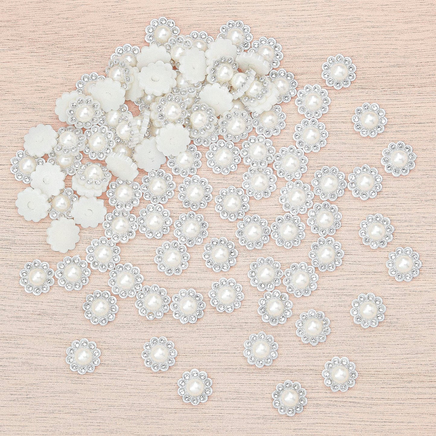 100 pcs Rhinestone Faux Pearl Buttons Accessory Decoration Craft for DIY Scrapbooking Embellishments Wedding Bouquet Flower Centre Home Decor 14mm (100 PCS Silver)