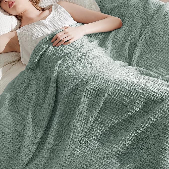 Bedsure 100% Cotton Blanket King Size for Bed - Breathable and Soft, Waffle Weave Blanket for Summer Spring, Sage Green, 104x90 inches