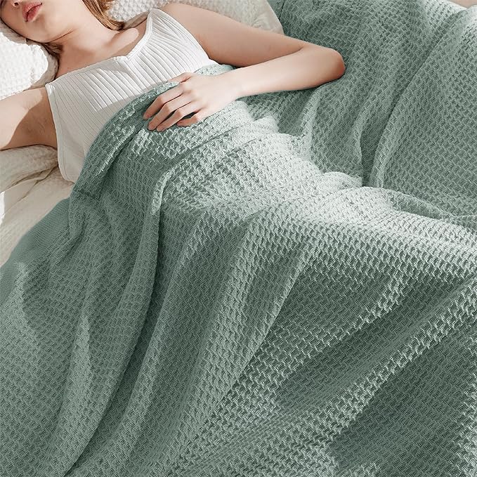 Bedsure 100% Cotton Blanket Twin XL Size for Bed - Breathable and Soft, Waffle Weave Blanket for Summer Spring, Sage Green, 66x90 inches