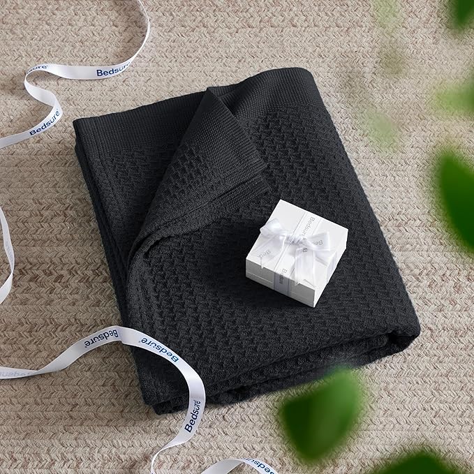 Bedsure 100% Cotton Blanket Queen Size for Bed - Breathable and Soft, Waffle Weave Blanket for Summer Spring, Black, 90x90 Inches