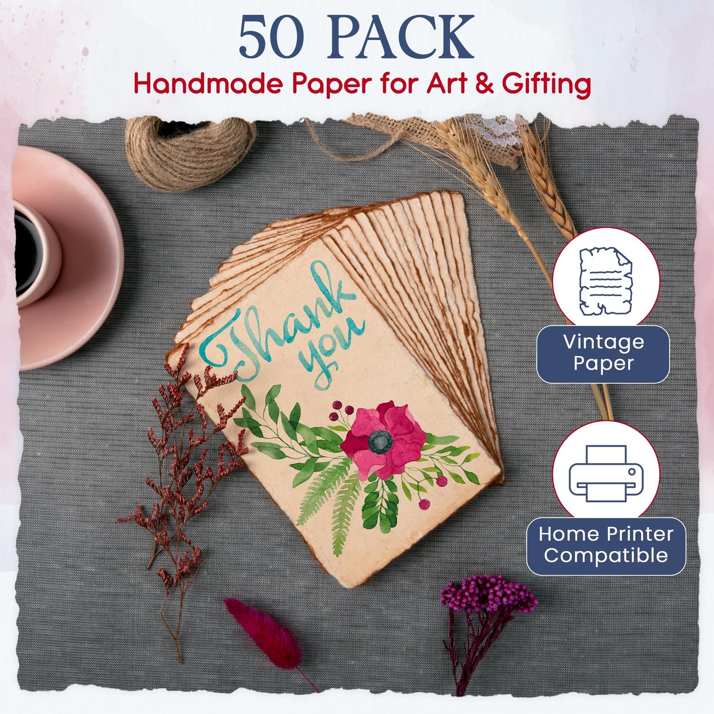 Wanderings Handmade Antique Deckle Edge Blank Cards - 4" x 6" Package of 50 - Mixed Media Cards for Announcements Invitations Crafts - Thick Deckled Edge Paper 150 GSM Recycled Paper