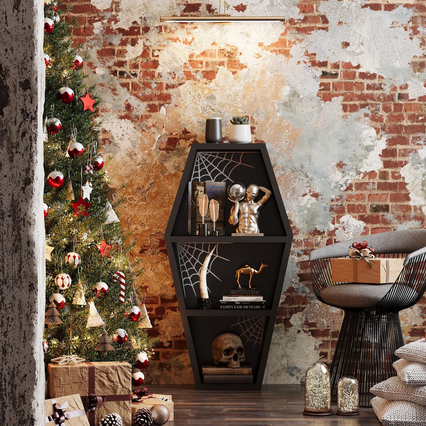 LUPWNEKA 24 in Halloween Goth Coffin Bookshelf with Spider Web, Wooden Gothic Coffin Bookshelf for Home, Black Spooky Curio Shelf for Home Decor, Witchy Room Decor for Oddities