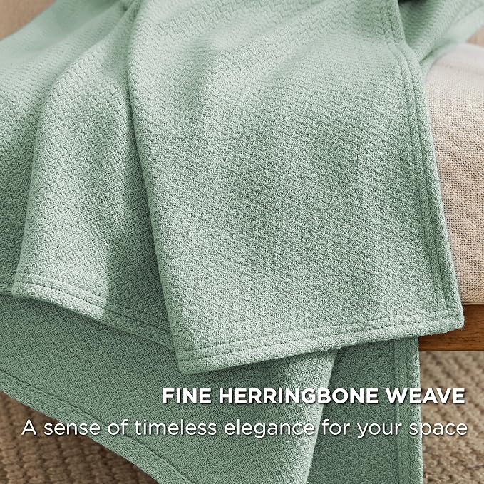 Bedsure 100% Cotton Large Throw Blanket for Couch 50x70 inches - Breathable and Lightweight, Soft Cozy Herringbone Woven Blanket for Summer Spring, Sage Green