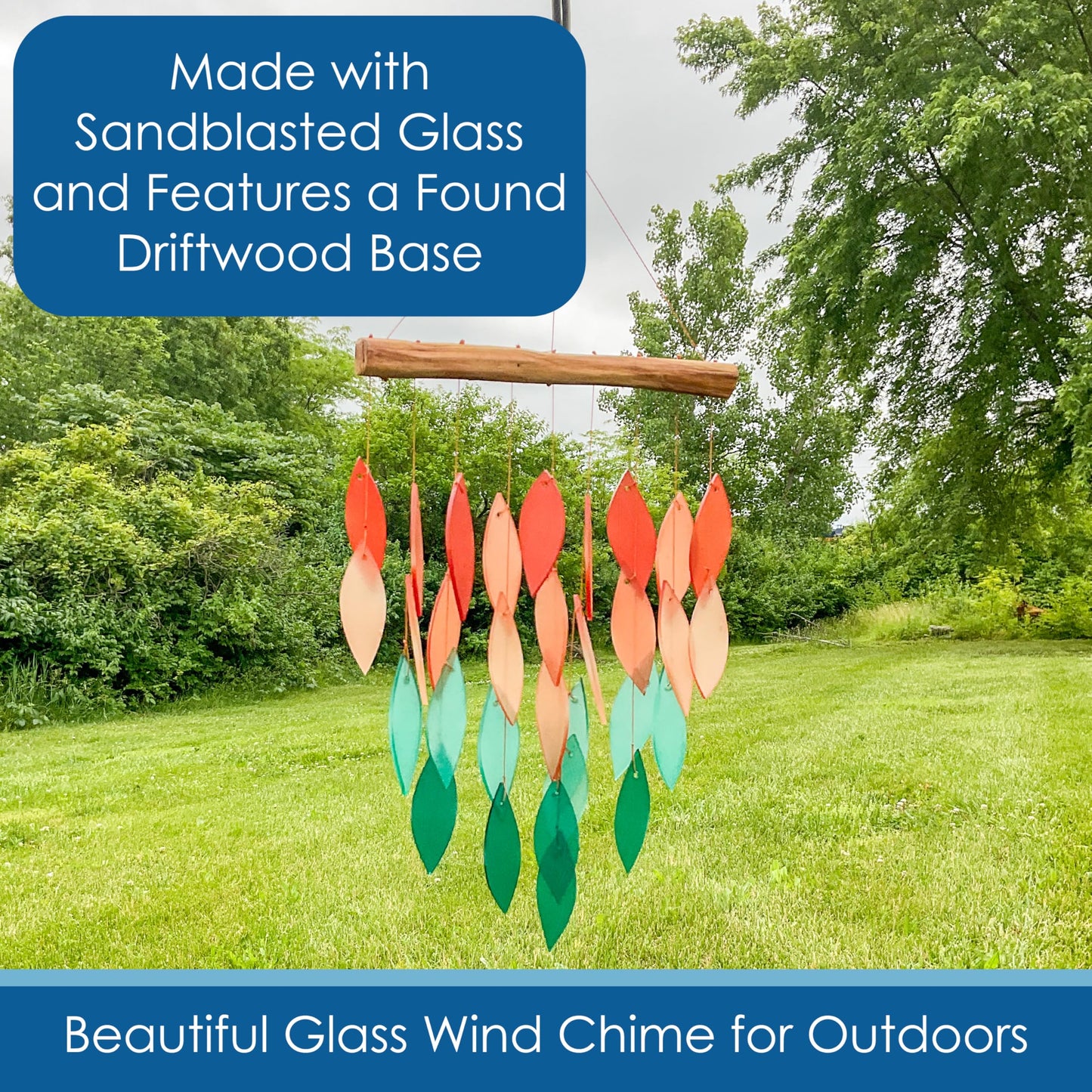 Blue Handworks Coral Ombre Waterfall Glass and Driftwood Chime, Sandblasted Glass and Found Wood Handcrafted Wind Chime