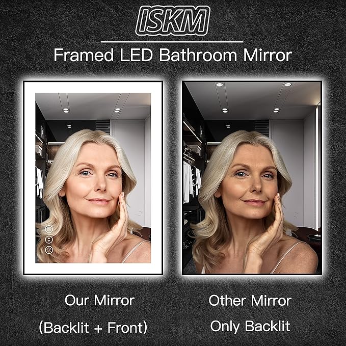 ISKM Framed LED Mirror for Bathroom 55"x40", Dimmable LED Bathroom Mirror with Lights, Anti-Fog, Front and Backlit Lighted Mirror 3-Colors, Shatterproof, Memory Function