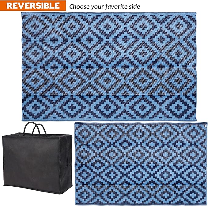 SAND MINE Reversible Mats, Plastic Straw Rug, Modern Area Rug, Large Floor Mat and Rug for Outdoors, RV, Patio, Backyard, Deck, Picnic, Beach, Trailer, Camping, Blue, 5' x 8'