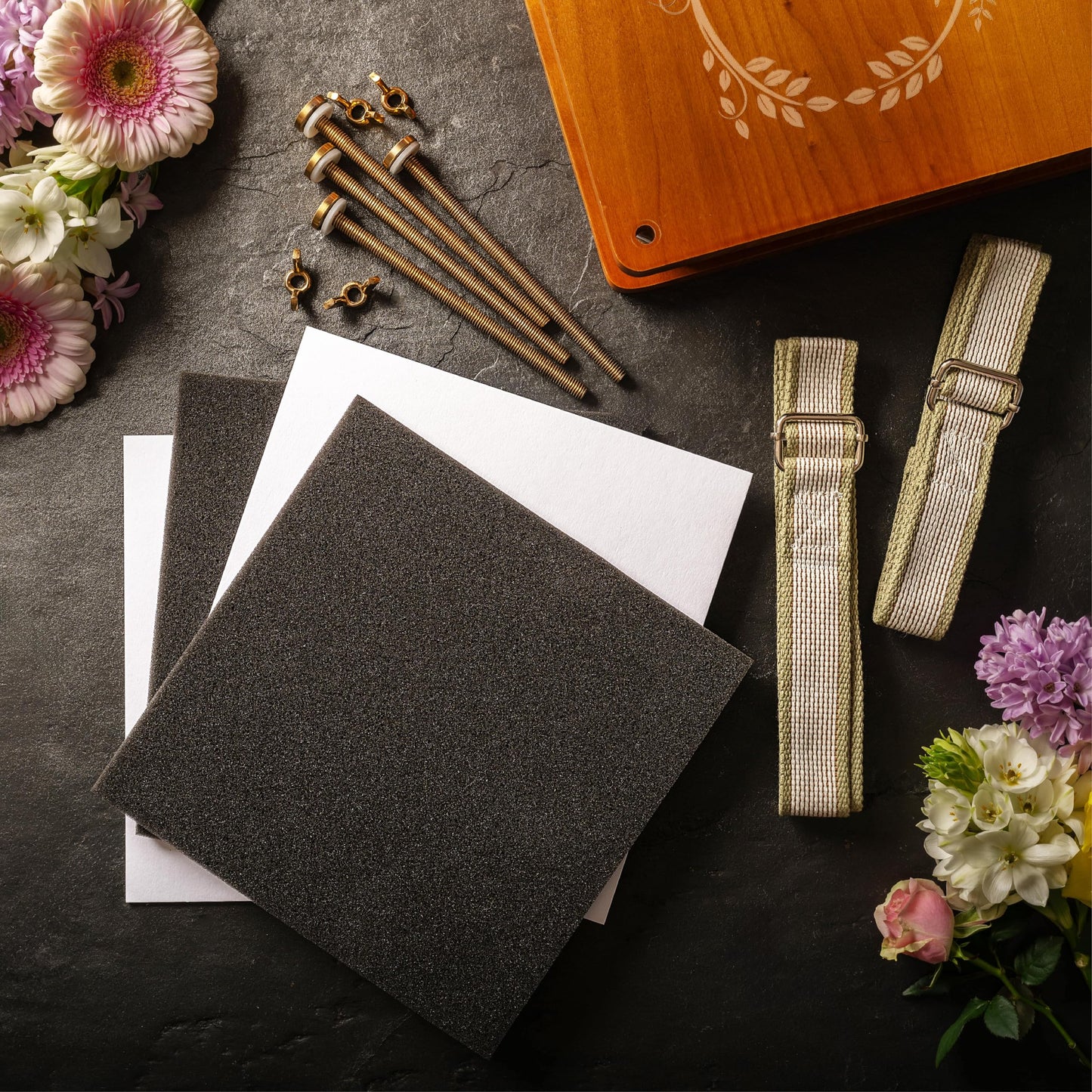 Flower Press Expansion & Accessory Kit (Press not included) - Extra Long Bolts, Silicone Washers, Travel Straps, Foam, Dessicant Boards, & Storage Bag - Professional Flower Pressing Accessories Set