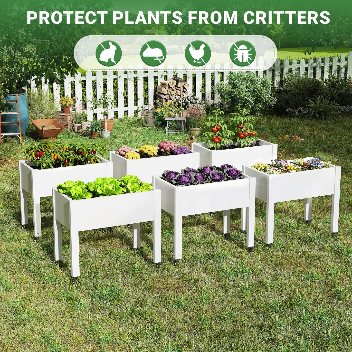 LHBGO Raised Garden Bed with Wheels - Outdoor Mobile Elevated Resin Planter Box with Drainage Holes for Vegetables Flower Herbs (1 Pack, White)