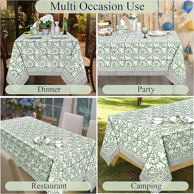 Ridhi Hand Block Print Sage Green Rectangle Cotton Tablecloth 120" x 60" Reusable Table Cover Decorative Everyday Use for Dining, Farmhouse, Home Gift for Spring, Easter, Valentine