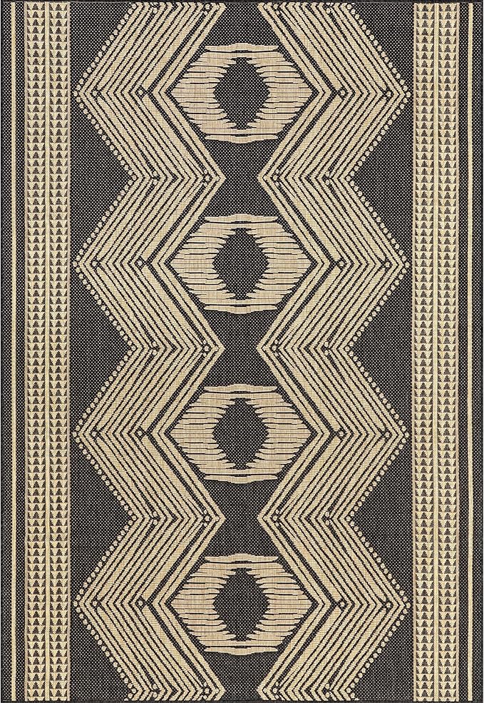 nuLOOM 5' x 8' Outdoor Tribal Geometric Area Rug, Stain Resistant, Weather Resistant, High Traffic, Patio, Balcony, Outside, Ranya Dark Grey
