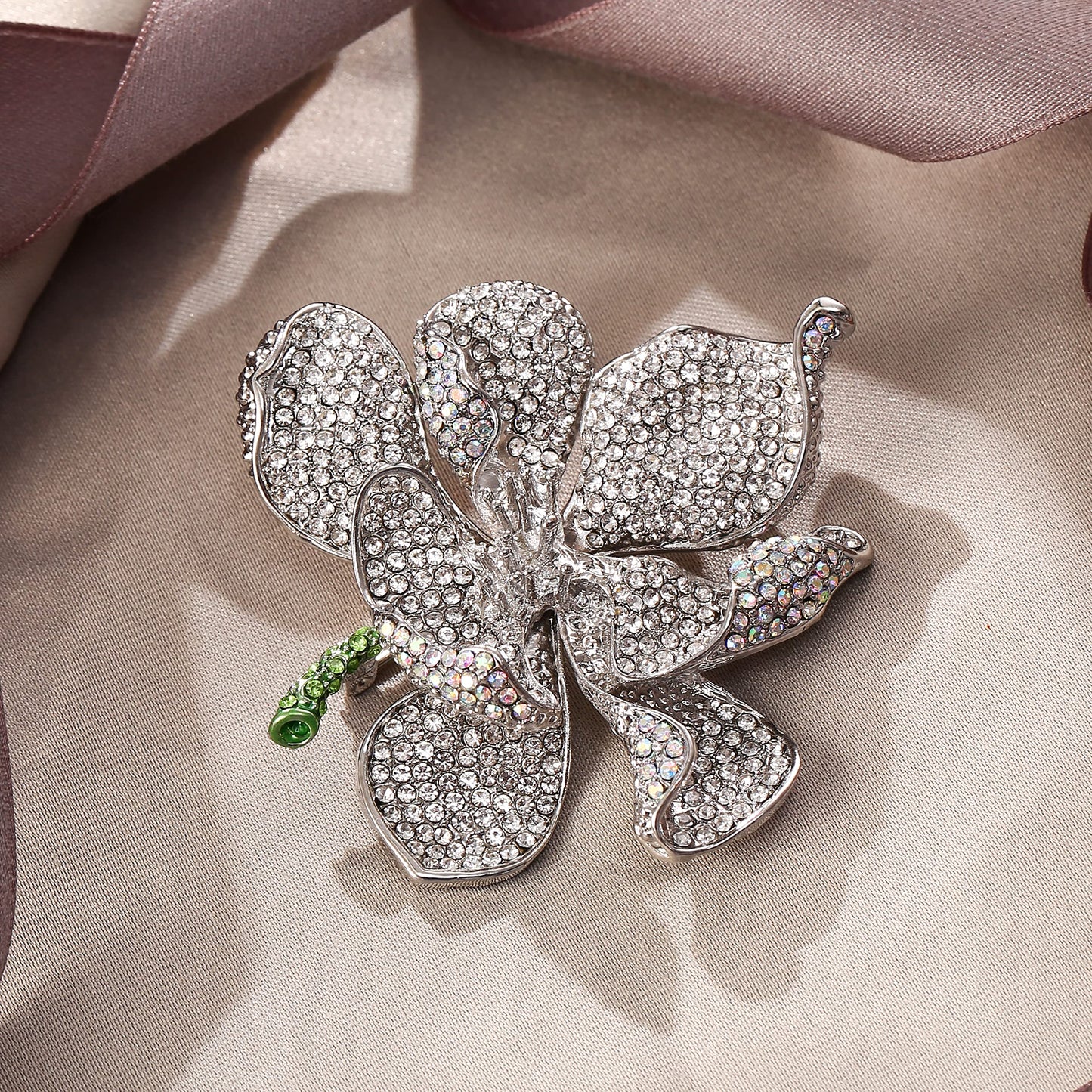 EVER FAITH Women's Austrian Crystal Orchid Flower Petal Brooch Iridescent Clear AB Silver-Tone