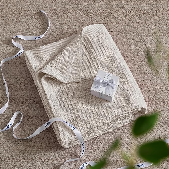 Bedsure 100% Cotton Blanket Queen Size for Bed - Breathable and Soft, Waffle Weave Blanket for Summer Spring, Khaki (a Little Bit Yellow), 90x90 Inches