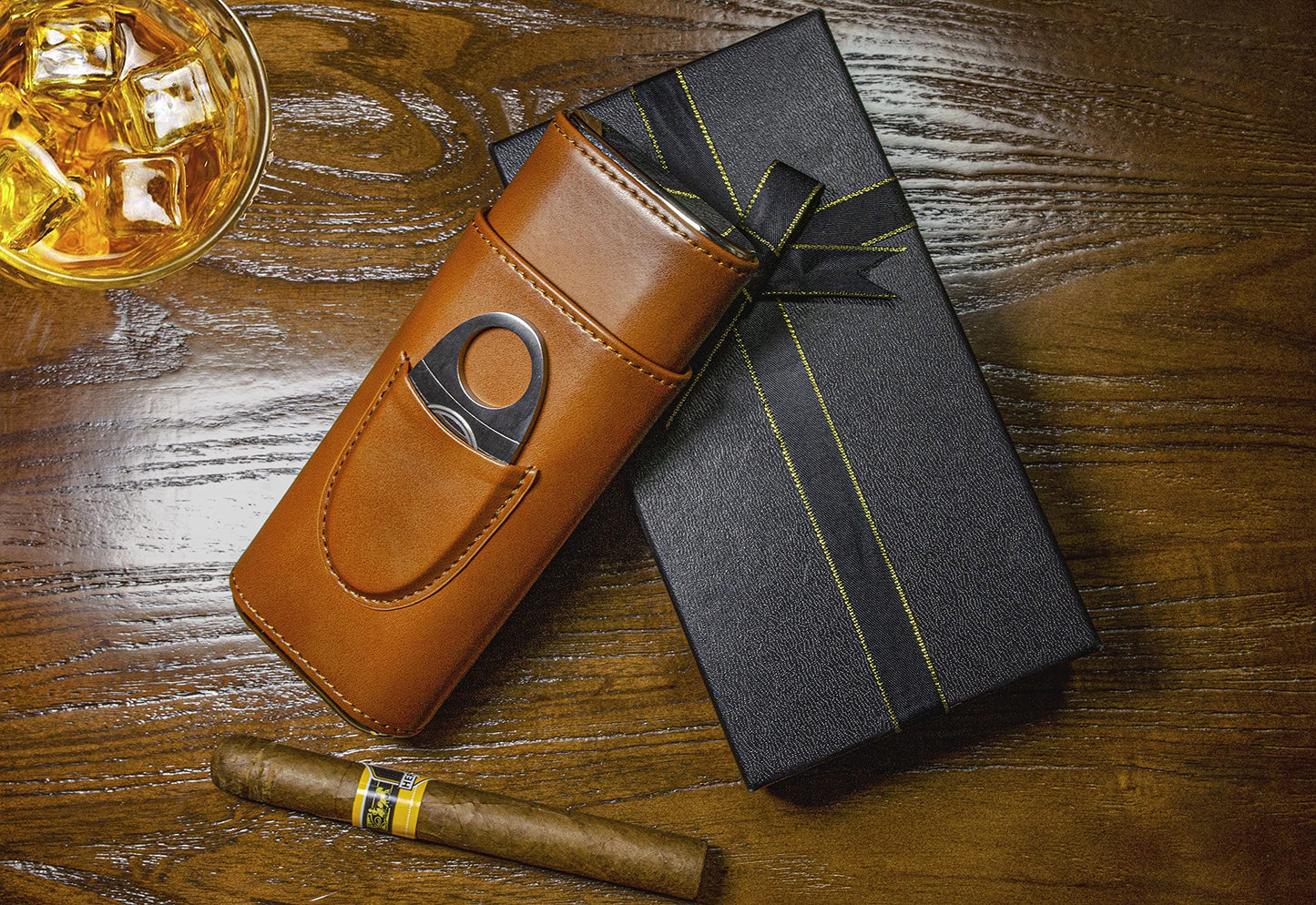 Leather Cigar Travel Case with Cutter & Gift Box - Wood Lined Humidor, Perfect Cigar Accessory Gift for Men