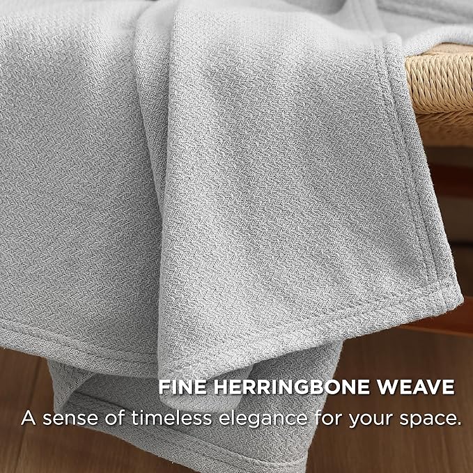 Bedsure 100% Cotton Blanket Queen Size for Bed - Breathable and Lightweight, Soft Cozy Textured Herringbone Woven Blanket for Summer Spring, Grey, 90x90 inches