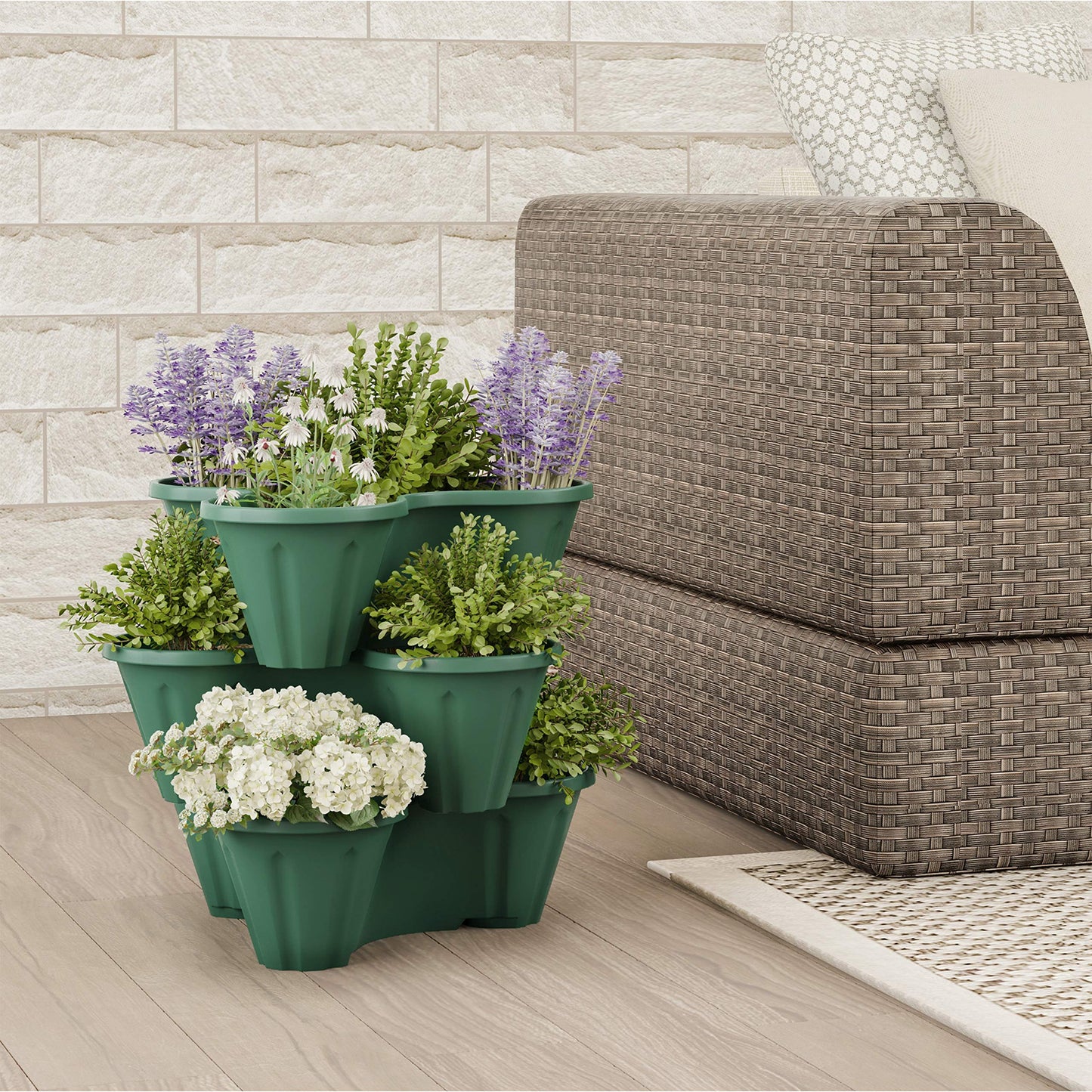 Set of 3 Stacking Planter Tower - 3-Tier Space Saving Flower Pots - Indoor/Outdoor Vertical Herb and Vegetable Planter by Pure Garden (Hunter Green)