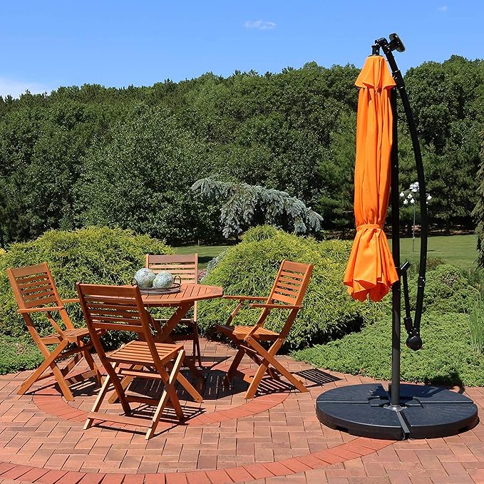 Sunnydaze 10' Solar Offset Patio Umbrella - Solar Cantilever Umbrella Outdoor with LED Lights - Polyester Shade, Air Vent, & Cross Base